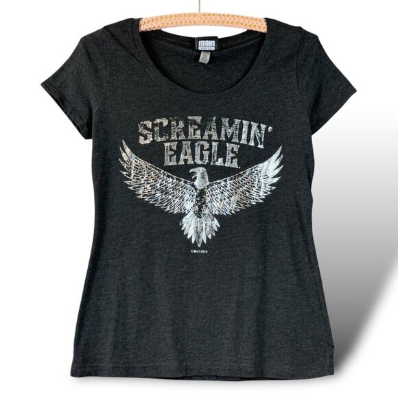 Harley-Davidson Screamin Eagle T-Shirt Womens Sz M Black/Silver Cap Sleeve Tee - Picture 1 of 8